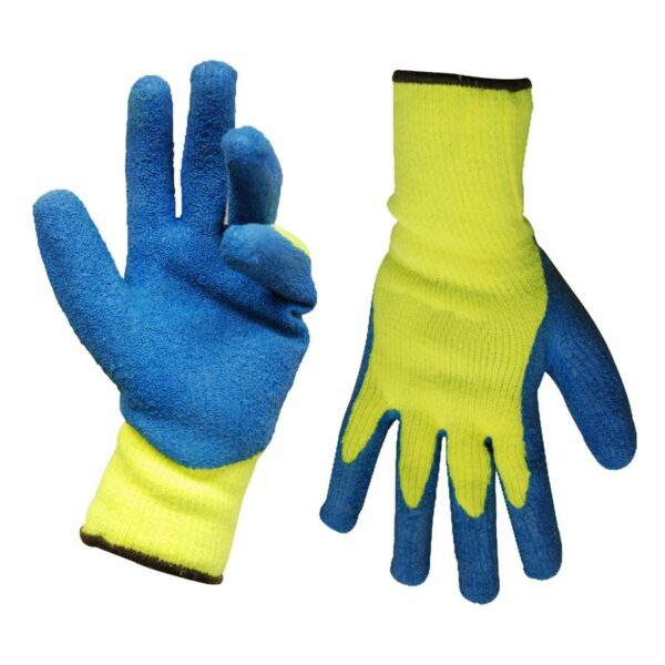 1dz Knitted Acrylic Insulated Gloves Yellow With Latex Palm Blue