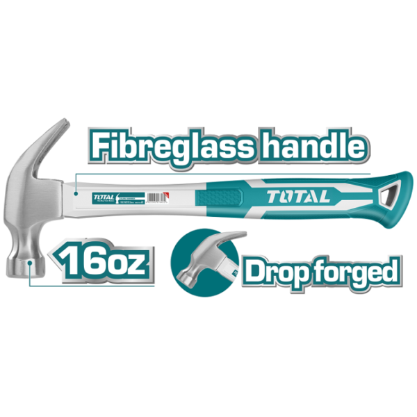 TOTAL 16oz Claw Hammer Fiberglass Handle - THT73166